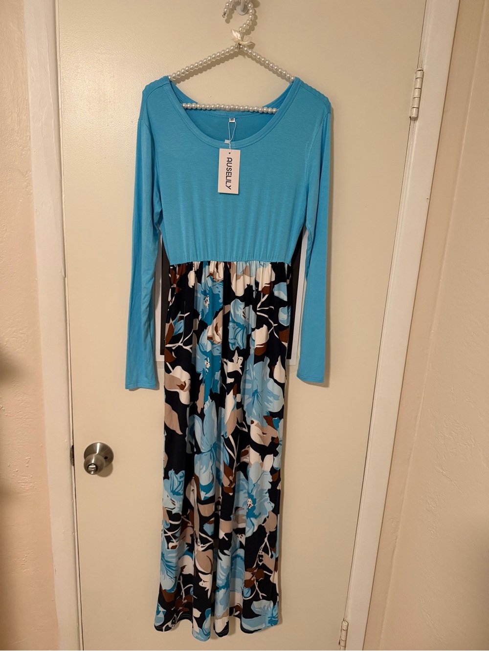 Long-Sleeve Turquoise Floral Maxi Dress
